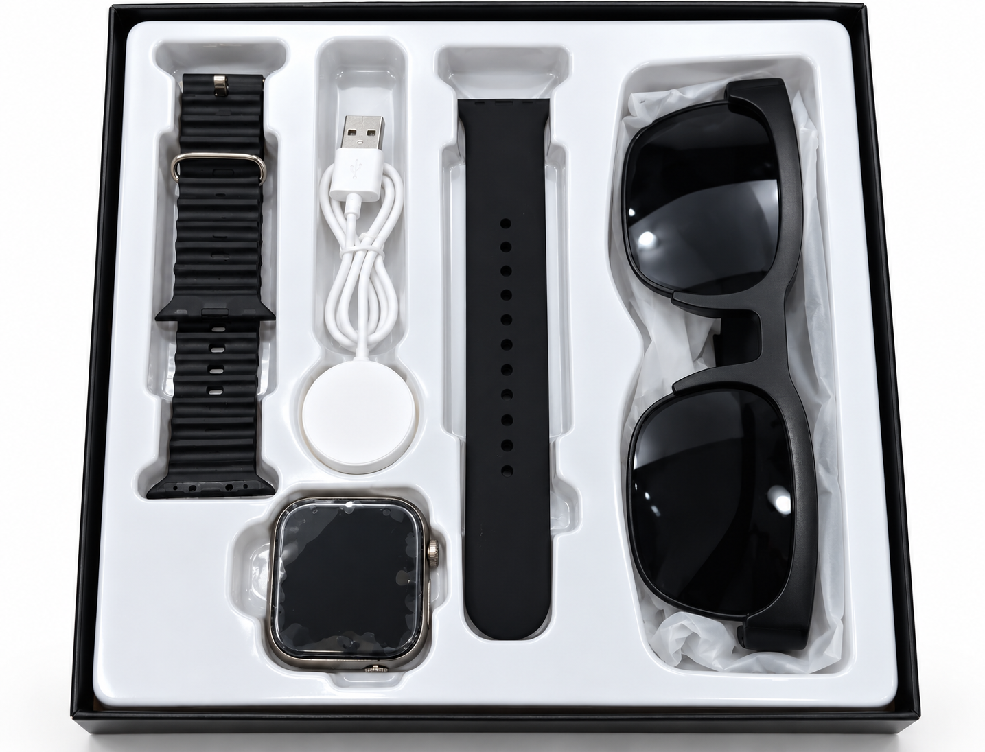 Q68 smartwatch Bluetooth glasses bundle packaging and accessories