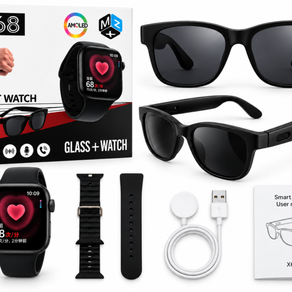 Q68 AMOLED smart watch with Bluetooth audio glasses bundle