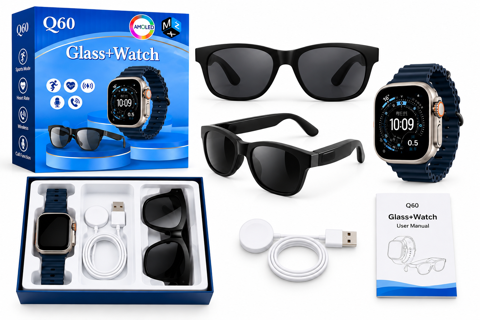 Q60 AMOLED Smart Watch with Bluetooth Audio Glasses