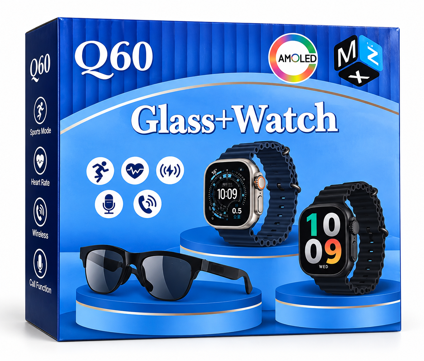 Q60 smartwatch Bluetooth glasses bundle packaging and accessories