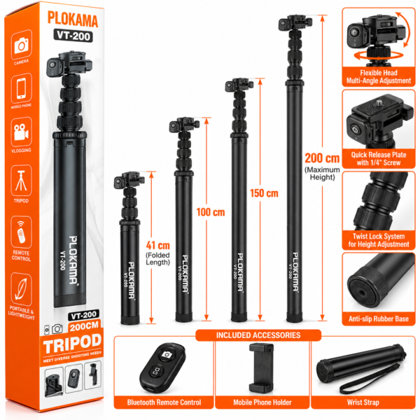 Plokama VT-200 200cm adjustable tripod stand